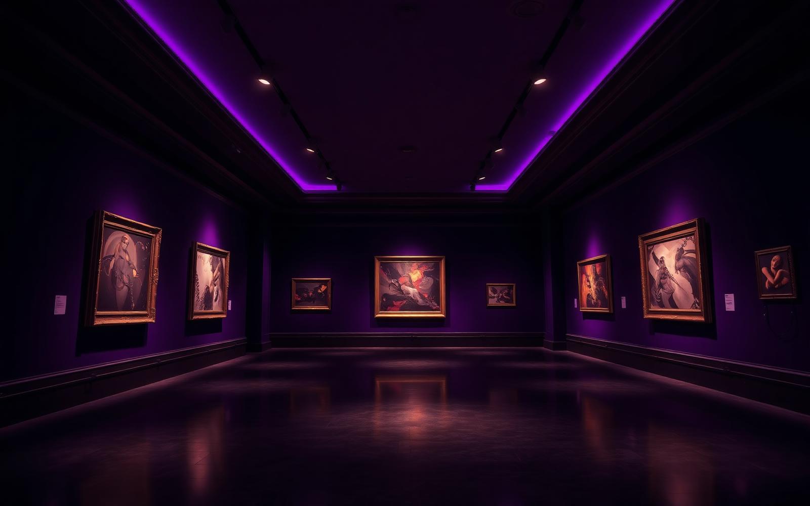 An elegant art gallery lit with purple and gold light